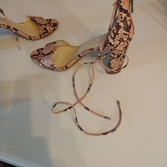 Jessica Simpson Chunky High Heels Sz 9.5M Pink Snakeskin Open Toe Ankle Tie Wild - Picture 11 of 12